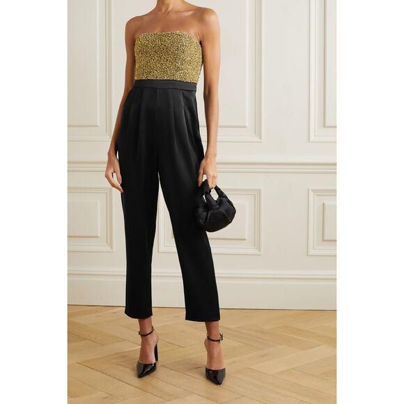 Alice + Olivia Jeri Rhinestone Embellished Strapless Jumpsuit black gold size 2 - Picture 1 of 15